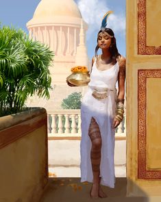 a painting of a woman in an egyptian dress holding a bowl with food on it