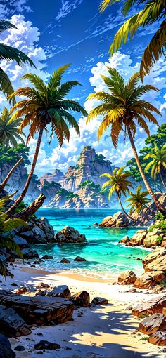 an image of a tropical beach scene with palm trees