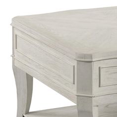 a white wooden table with drawers on it's sides and an open drawer at the bottom