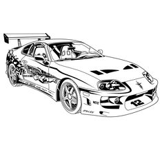 a black and white drawing of a race car