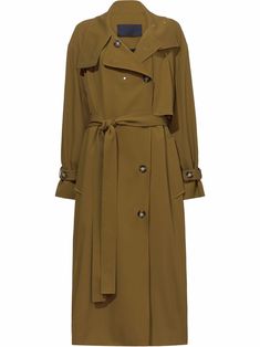 Dark fatigue brown technical twill technical twill trench coat from PROENZA SCHOULER featuring wide notch lapels, double-breasted button fastening, belted waist, storm flap, long sleeves, belted cuffs, two side flap pockets and midi-length. | Proenza Schouler Technical Twill Trench Coat Trench Coat Design, Trench Coat Brown, Denim Trench Coat, Classic Trench Coat, Bags And Shoes, Duffle Coat, Belted Jacket, Collared Coat, Coat Design