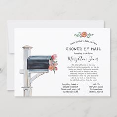 a watercolor painting of a mailbox with flowers on it and the words, shower by mail