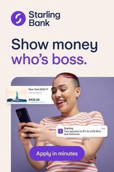 A woman holding her phone smiling. Around her are pop up bank notifications showing how much she has saved in her New York 2023 Saving Space and a notification reminding her she has a payment due tomorrow for £29.99 to BT. There's text overlay above this picture that reads: Show money who's boss. And text overlay at the bottom of the picture that reads: Apply in minutes. Banks Ads, Social Media Branding Design, Social Media Advertising Design, Email Design Inspiration, Social Media Design Inspiration, Social Ads, Media Sosial, Social Media Design Graphics