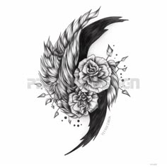 a black and white drawing of a feather with flowers on it