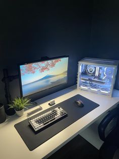 a desk with a computer monitor, keyboard and mouse next to a plant on it