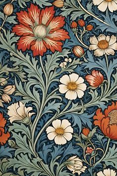 an intricately designed wallpaper with flowers and leaves in blue, red, orange and white colors