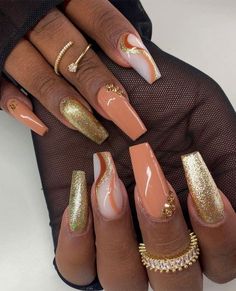 40. Nude and Gold Glam Autumn Nails Have you noticed the leaves are changing, so are our manicures — For those who loves deep... Fall Gel Nails, Fall Nail Art Designs, Dope Nail Designs, Fall Acrylic Nails, Colorful Nail Designs, Fall Nail Art, Fall Nail Colors, Dipped Nails, Autumn Nails