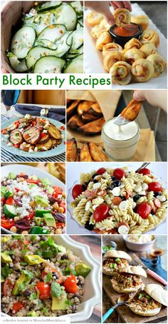 many different pictures of food including pasta, salads and other foods with the words block party recipes