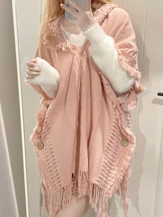 Introducing our enchanting knitted hooded cloak, a perfect blend of elegance and comfort. This exquisite piece boasts a stylish V-neck design, complemented by delicate fringe embellishments that add a touch of sophistication. The hem is gracefully adorned with tassels, creating a whimsical and chic look. Functional buttons on both sides allow for versatility and ease of wear. Ideal for layering over your favorite outfits, this cloak is a must-have addition to your wardrobe.  Please note, the pri Steampunk Fashion Female, Steampunk Fashion Male, Gothic Skirts, Hooded Cloak, Leg Sleeves, Skirt Socks, Colour Star, Steampunk Fashion, Pink Beige