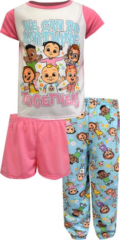 Your Cocomelon fan will love these jammies! This adorable 3 piece pajama set for toddler girls feature the much loved Cocomelon characters. The short sleeve top can be paired with the printed pants or the solid pink shorts. This is a very versatile set. They are made from flame resistant fabric to comply with safety regulations. Cocomelon Characters, Toddler Pajamas, Pink Shorts, Printed Pants, Toddler Girls, Do Anything, Short Sleeve Top, Pajama Set, 3 Piece