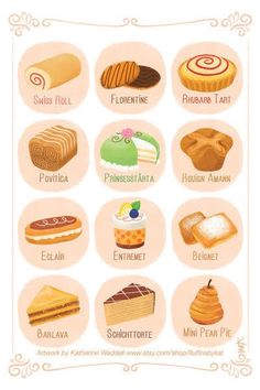 a poster with different types of breads and pastries on it's sides