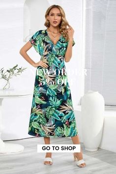 Summer Bohemian Elegant Party V Neck Print Maxi Dress Tropical V-neck Party Dress, V-neck Tropical Print Party Dress, Green Beach Dress For Holidays, Bohemian Short Sleeve Midi Dress For Party, Green Beach Holiday Dresses, Green Beach Season Dresses, Bohemian Short Sleeve Maxi Dress For Party, Green Bohemian Holiday Dress, Green Printed Dresses For Beach Season