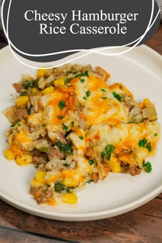 cheesy hamburger rice casserole on a white plate