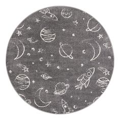 a round rug with space and stars on the surface in grey color, it is also available for children's playrooms