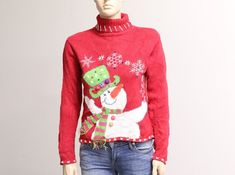 Vintage Christmas Sweater (P-CS-305) Measurements: Chest: 34 inches/ 88 centimeters [ measured all the way around, about an inch below armhole ] Length: approximately 20.5 inches/ 51 centimeters [ measured from highest point of shoulder to bottom hem ] Arm length: 21 inches/ 54 Vintage Christmas Sweater