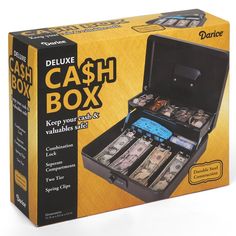 the cash box is packed with money and has its lid open to reveal it's contents