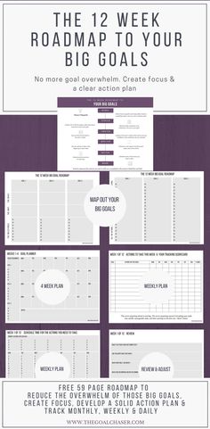 the 12 week roadmap to your big goal info sheet is shown in purple and white