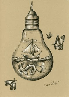 a drawing of a light bulb with a sailboat inside and butterflies flying around it