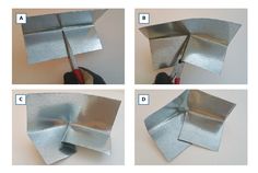 four pictures showing how to make a flower out of tin foil and metal sheeting