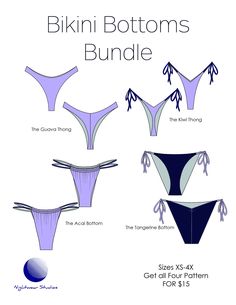 THIS IS A DIGITAL SEWING PATTERN, NOT A PHYSICAL PRODUCT Great deal; you will receive all four pdf patterns and instructions. Includes: - The Guava Thong - The Kiwi Thong Bottom - The Tangerine Tie-side Bottom - The Acai Bottom Sizes XS-4X. Sizes are listed by waist and hip measurements. These are beginner sewing patterns. Most sewers can complete these projects in 30-60 minutes. Digital Pattern PDF and instructions will be immediately available for download with purchase. Not for resale nor may Swimwear Sewing Patterns, Bathing Suit Patterns, Beginner Sewing Patterns, Swimwear Pattern, Beginner Sewing, Couture Mode, Sewing Design, Clothes Sewing Patterns, Fashion Sewing Pattern