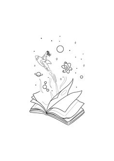 an open book with a drawing of a girl flying through the air and butterflies around it