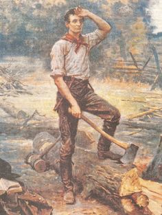 a painting of a man holding a shovel and standing in front of a pile of wood