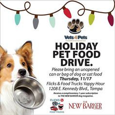 an advertisement for a pet food drive with a dog holding a bowl in it's mouth