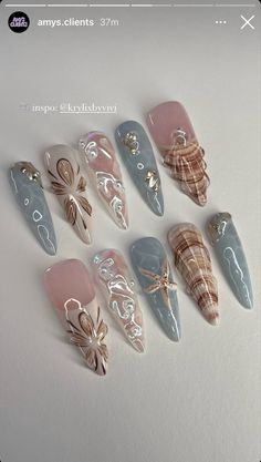 Mermaid Nails Aesthetic, Sea Nails Designs, Cosmo Nails, Nessa Nails, Fingernail Ideas, Nail Goals, Fantasy Nails, Diy Acrylic Nails