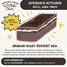 an advertisement for arabian night desert box with chocolate cake in the middle and stars around it