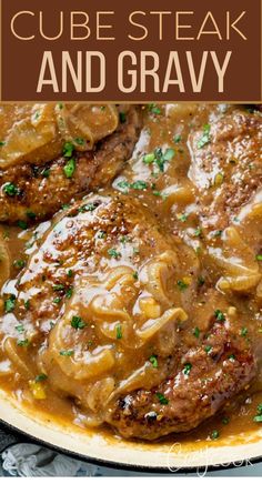 cube steak topped with onions and gravy Tender Cube Steak, Beef Cube Steak Recipes, Beef Cubed Steak, Cube Steaks, Cube Steak And Gravy, Plats Ramadan, Steak And Gravy, Fried Steak Recipes, Cozy Cook