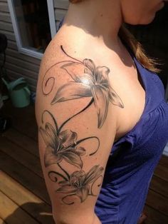 Lily Flower Tattoos Sleeve Women, Lily Tattoo On Arm, Black Orchid Tattoo, Lily Tattoo Sleeve, Black Lilies, Lily Tattoo Meaning, Lily Tattoos, Water Lily Tattoos