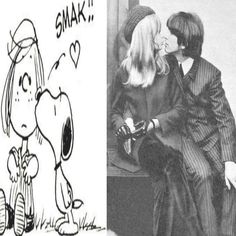 an image of a man and woman kissing in front of a sign that says, smak