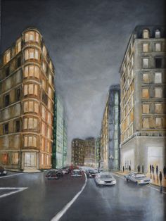 a painting of a city street at night with cars driving down the road and tall buildings in the background