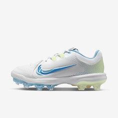 the nike air vapor golf shoe is white and blue with neon green accents on the soles