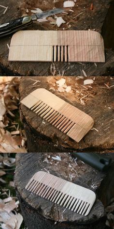 three wooden combs sitting on top of a tree stump