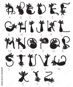 an alphabet with black cats and letters