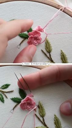 someone is stitching flowers on a piece of fabric with scissors and thread in the hoop