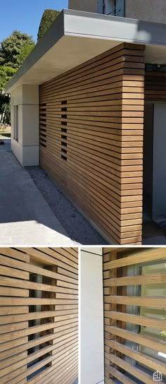 the side of a building with wooden slats on it