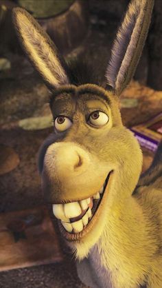 the donkey from madagascar is smiling and looking at the camera with his teeth wide open