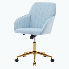 a light blue office chair with gold wheels