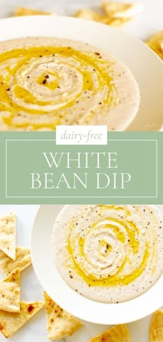 white bean dip with tortilla chips on the side