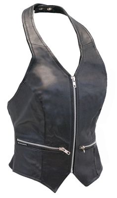 Zip Front Black Leather Halter Vest #LH5231ZK Leather Halter Top, Halter Vest, Black Leather Vest, Leather Halter, Leather Travel Bag, Leather Hats, Black Halter, Leather Shirt, Halter Neck Top