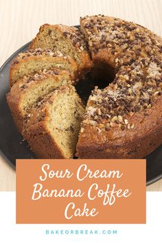 sour cream banana coffee cake on a black plate with the words sour cream banana coffee cake