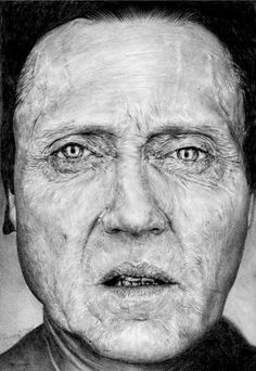 a black and white drawing of an older man with wrinkles on his face, looking at the camera