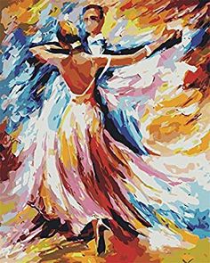 a painting of a woman dancing with her arms spread out in the air, on a colorful background