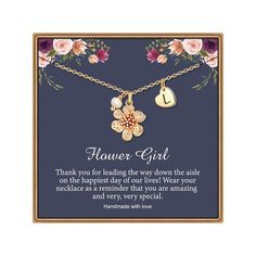 a flower girl necklace on a card with a poem from the mother to her daughter