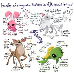 four different types of animals with some writing on them