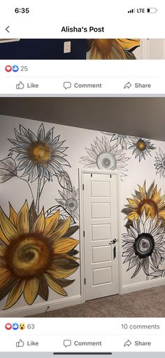 two pictures of sunflowers painted on the wall