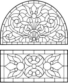 two stained glass windows, one with an ornamental design and the other with floral designs