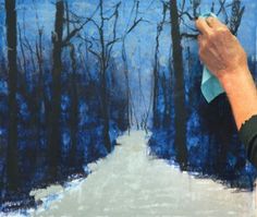 a person is painting a snowy path in the woods with blue skies and trees on it